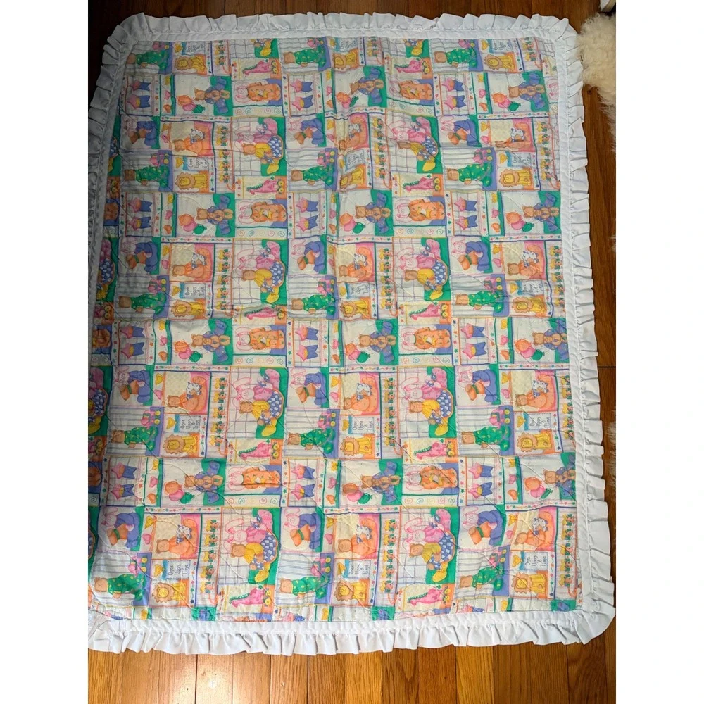 Vintage Pastel Quilted Baby Blanket Ruffle Trim Bear Bunny Dog Nursery Quilt